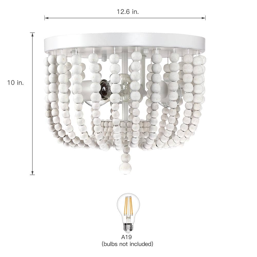 12.6 in. 3-Light Bohemia Antique White Wood Beaded Flush Mount Ceiling Light - Hercitys