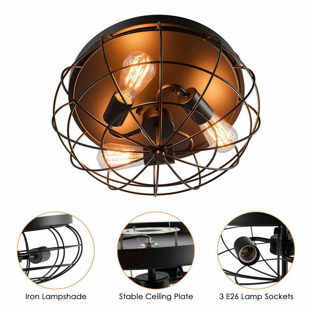 15.5 in. W 3-Light Black Semi-Flush Mount Ceiling Light with Industrial Retro Design - Hercitys