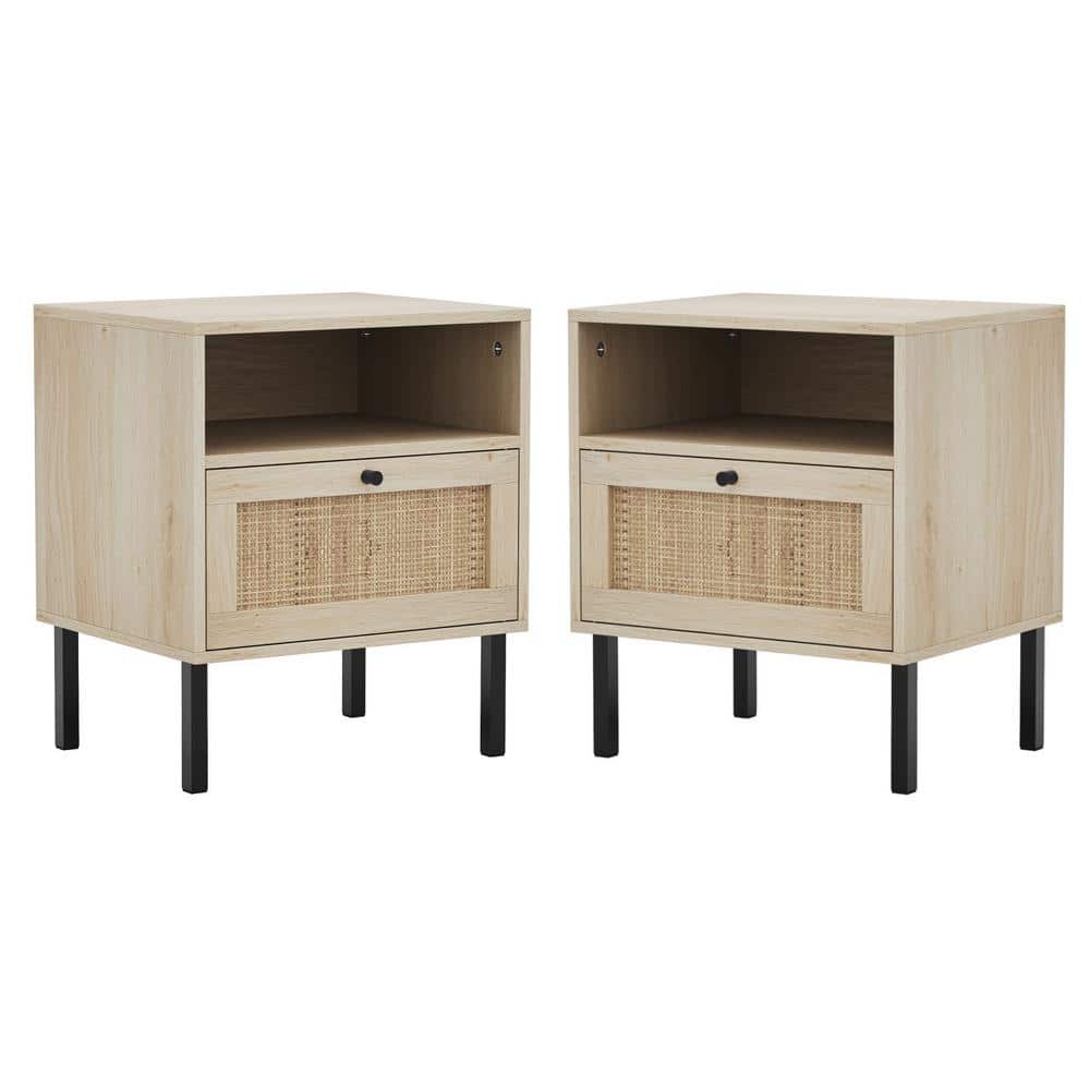 18.58 in. W x 15.04 in. D x 22.09″ H Ready to Assemble Corner Standard Rattan Nightstand in Natural w/ 1 Door (2-Pack) - Hercitys