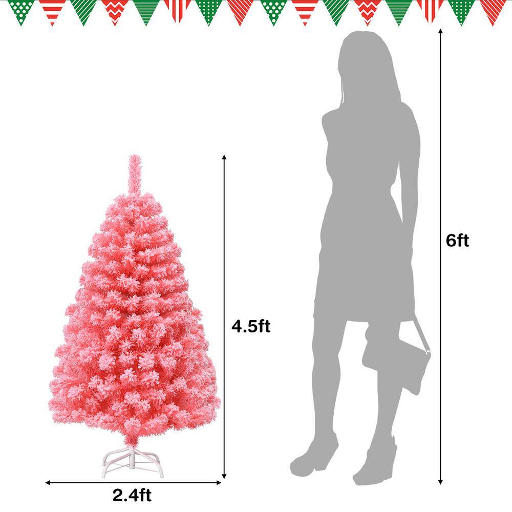 4.5 ft. Snow Flocked Hinged Artificial Christmas Tree with Metal Stand Pink - Hercitys
