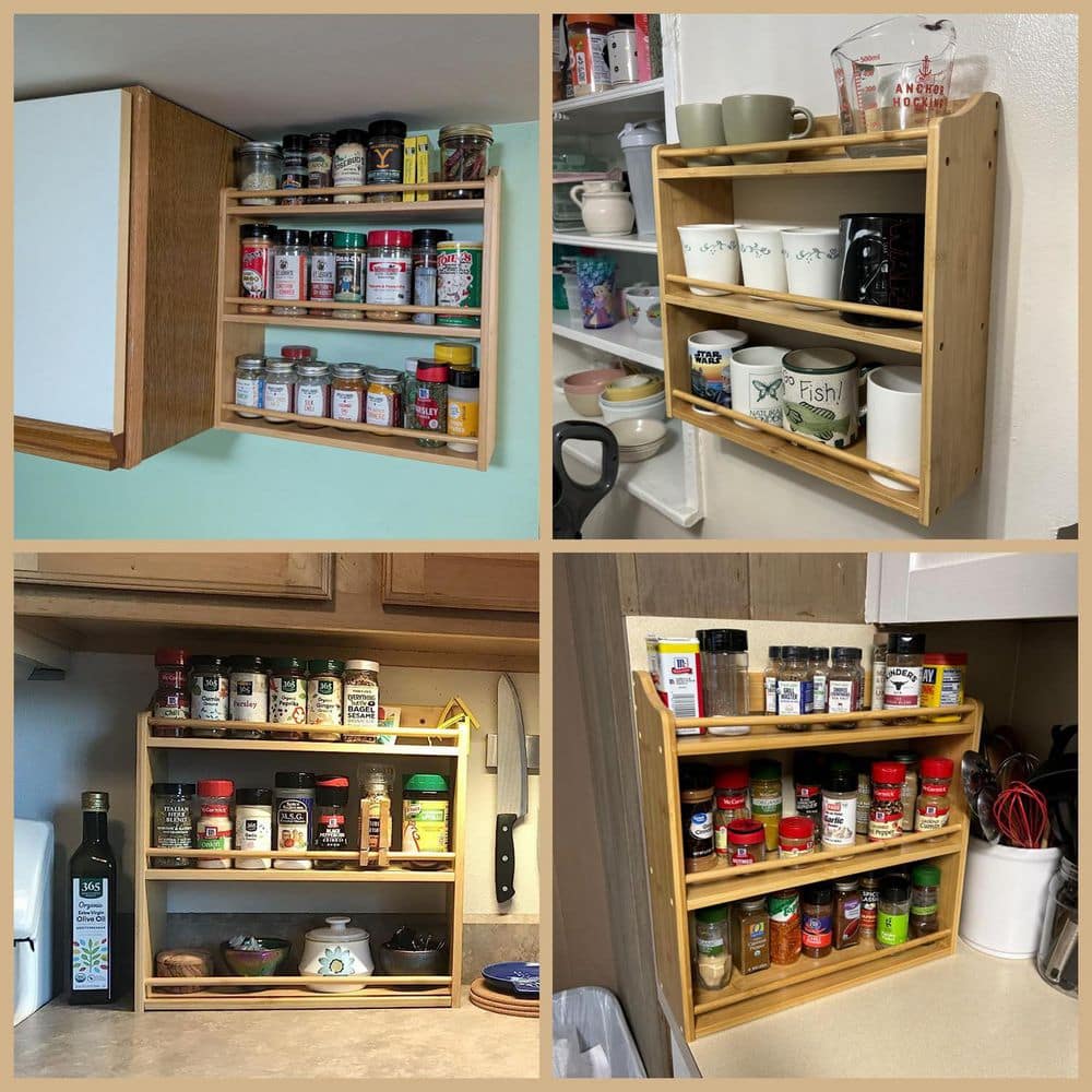 3-Shelf Brown Bamboo Spice Rack for Seasoning Jars, Spice Organizer Rack Kitchen Wall Shelf Kitchen Counter Shelf - Hercitys