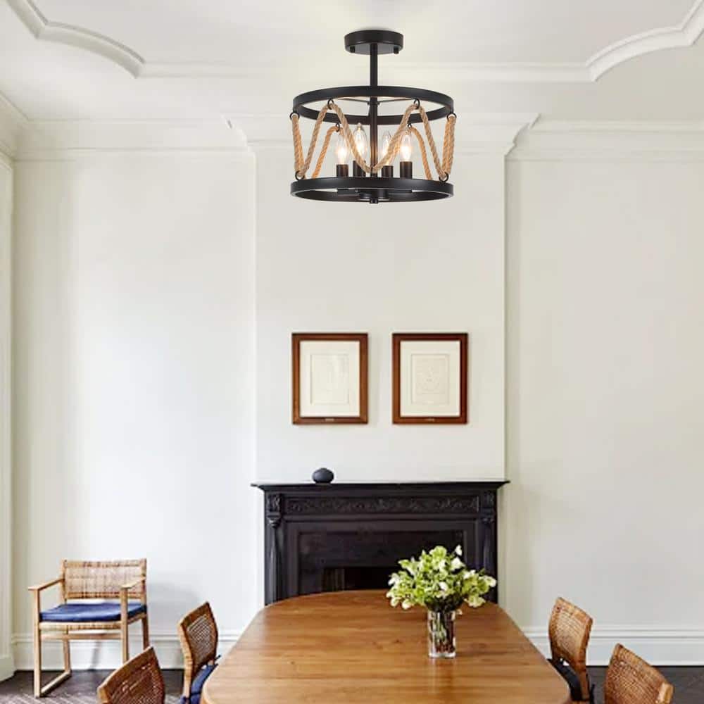 12.6 in. 4-Light Black Drum Metal Hemp Rope Candlestick Semi- Flush Mount Light with No Bulbs Included - Hercitys