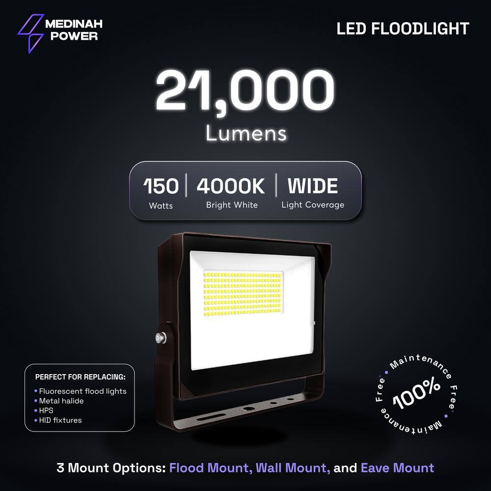 400W Equivalent Integrated LED 100 Degree Bronze Flood Light, 21,000 Lumens, 4000K Bright white light, Dusk-to-Dawn - Hercitys