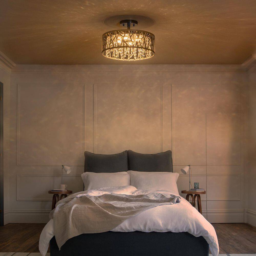 13.78 in. 1-Light Modern Chrome Round Dimmable LED Semi-Flush Mount Ceiling Light with Beaded Drum Crystal Shade - Hercitys