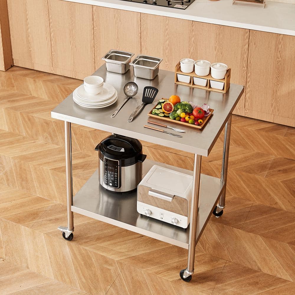 24 x 36 x 38 in. Stainless Steel Commercial Kitchen Prep Table with 4-Wheels 3-Adjustable Height Levels Silver - Hercitys