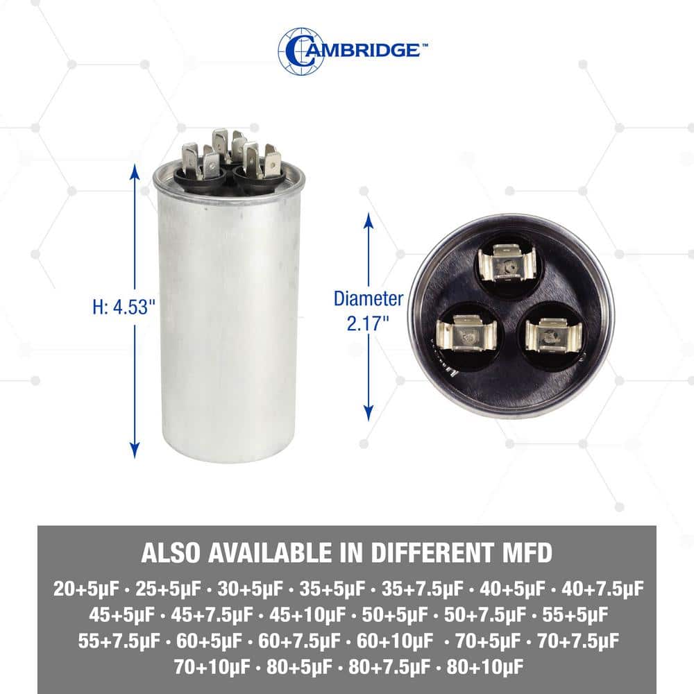 2.17 in. x 2.17 in. x 4.53 in. Aluminum 70 Plus 10 MFD, 440-Volt/370-Volt Dual Round Run Capacitor (1-Pack) - Hercitys