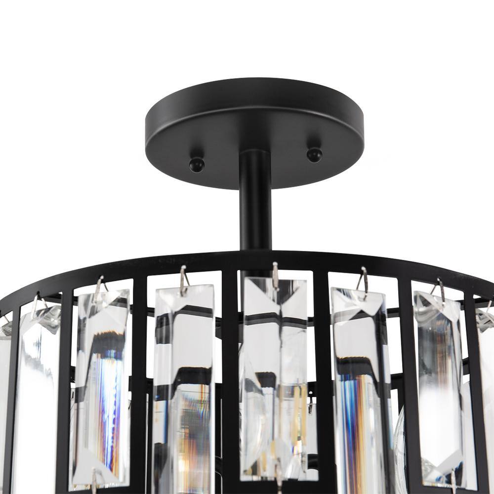 12.4 in. 3-Light Matte Black Semi-Flush Mount Ceiling Light with Crystal Accents, E12 Base, No Bulbs Included - Hercitys