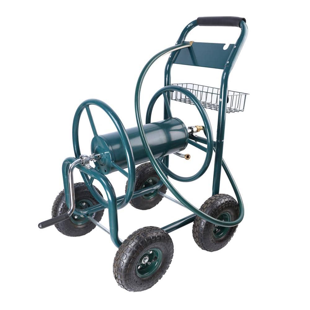 24.5 in. W Green 4 Wheels Portable Garden Hose Reel Cart with Storage Basket - Hercitys