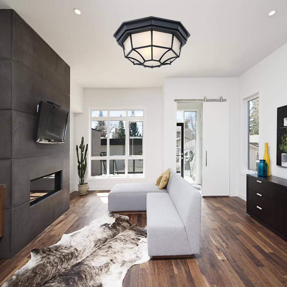 11.42 in. 1-Light Black Standard Bowl Flush Mount with Frosted Glass Shade - Hercitys