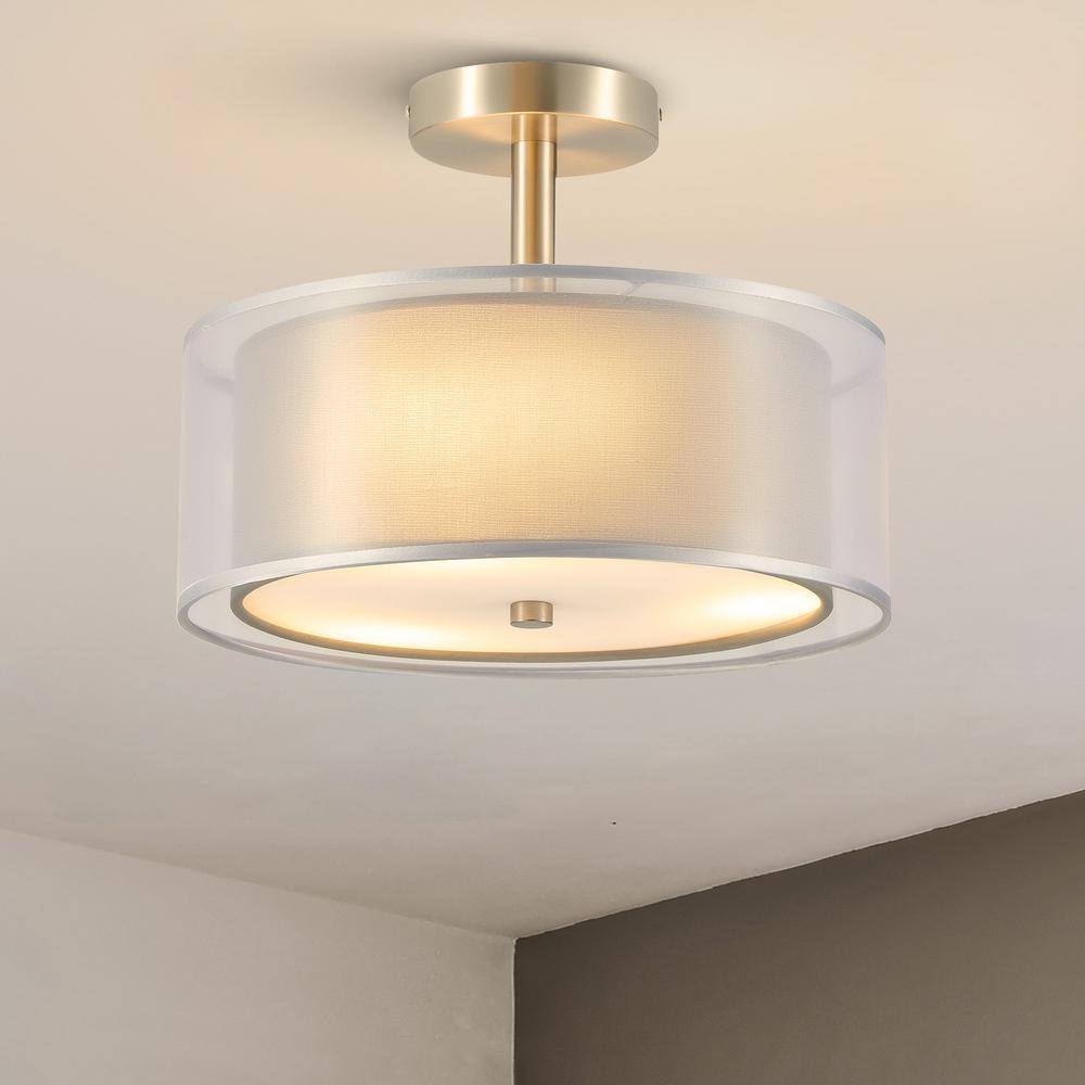 13 in. 3-Light Gray Semi-Flush Mount Ceiling Light Fixture Drum Light Fixture with 2-Layer Fabric Shade - Hercitys