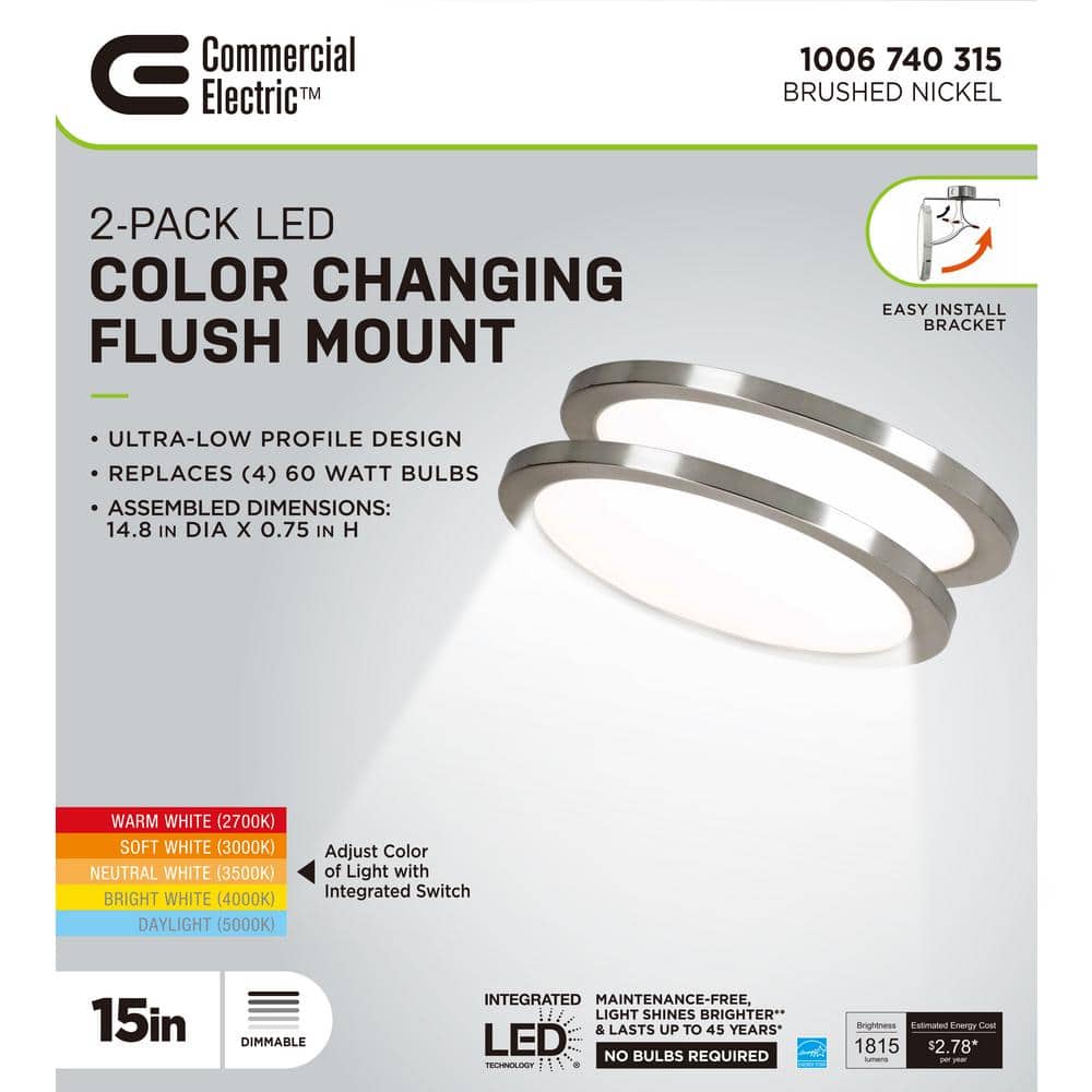 15 in. Brushed Nickel New Ultra-Low Profile Integrated LED Flush Mount 5CCT (2-Pack) - Hercitys