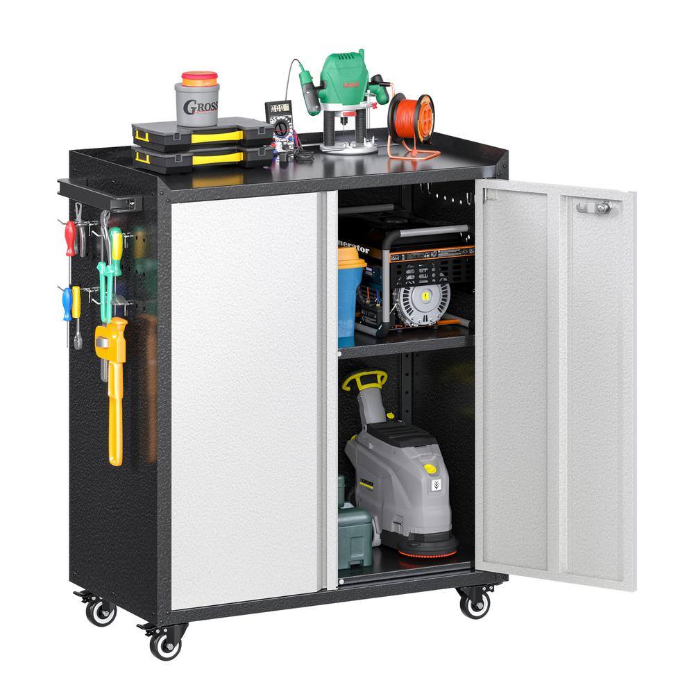 30 in. W x 35.5 in. H x 18 in. D Metal Freestanding Cabinet with Shelf, Pegboard, Side Push Handle in Black and Grey - Hercitys