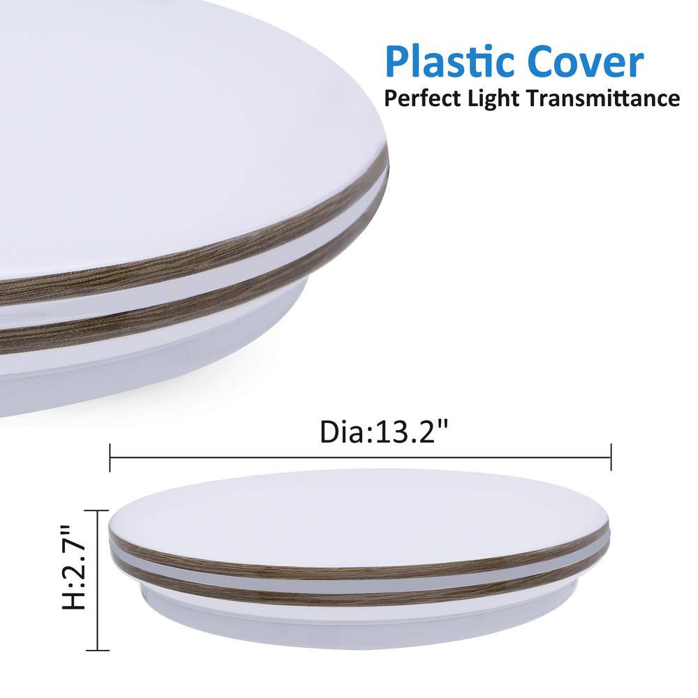 13.2 in. Round White with Faux Wood-Grain Trim Adjustable CCT 3000K/4000K/5000K Dimmable Flush Mount Light Fixture - Hercitys