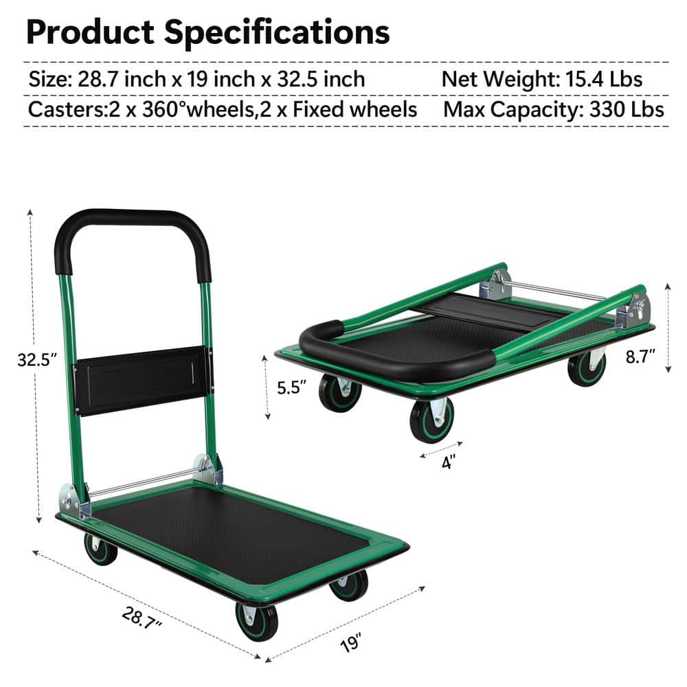360 lbs. Capacity Easy-Move Foldable Metal Push Cart with 2 x Fixed and Wheels 2 x 360° Wheels - Hercitys