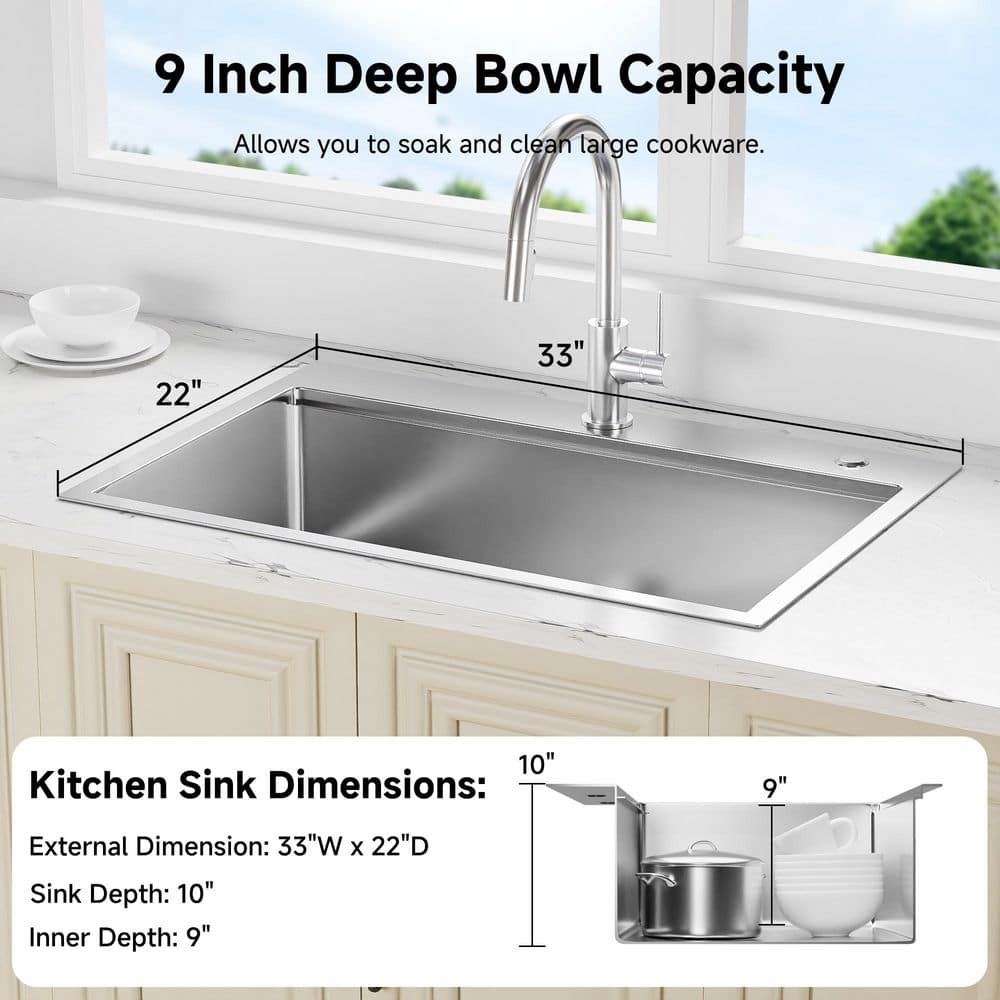 33 in. Drop-In/Undermount Single Bowl 16 Gauge Silver Stainless Steel Kitchen Sink with Cutting Board - Hercitys