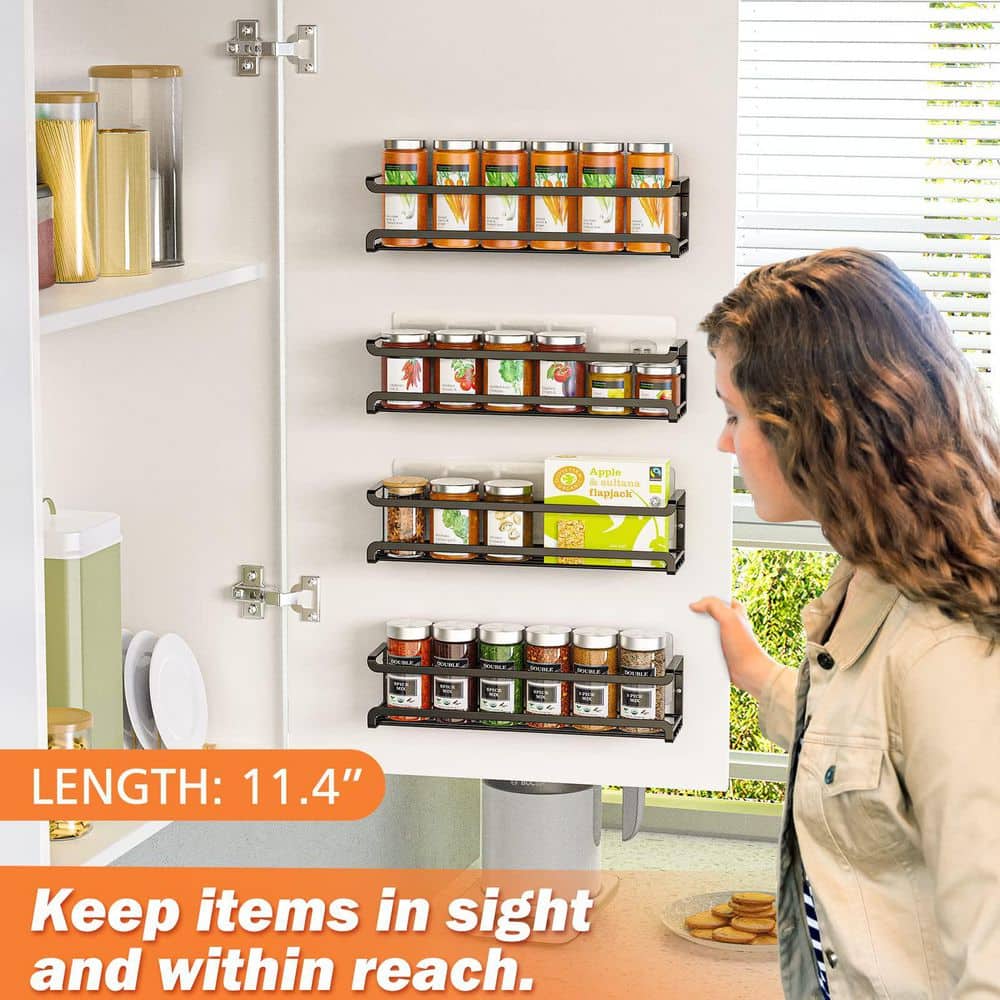 4-Pack Black Wall Mounted Spice Rack, Space-Saving Spice Organizer, Screw or Adhesive Hanging Spice Rack Organizer - Hercitys