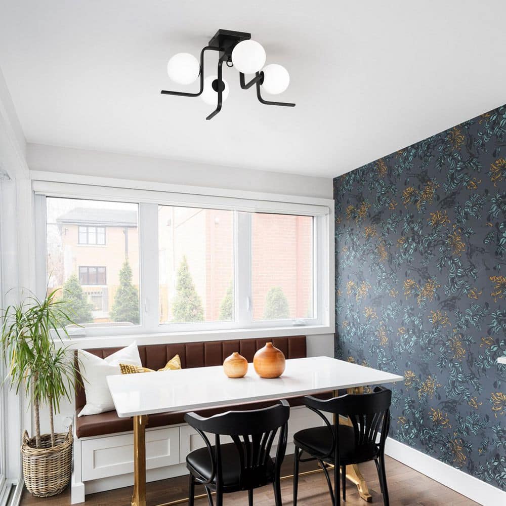 25.6 in. 4-Light Matte Black Industrial Semi-Flush Mount Ceiling Light with White Globe Glass - Hercitys