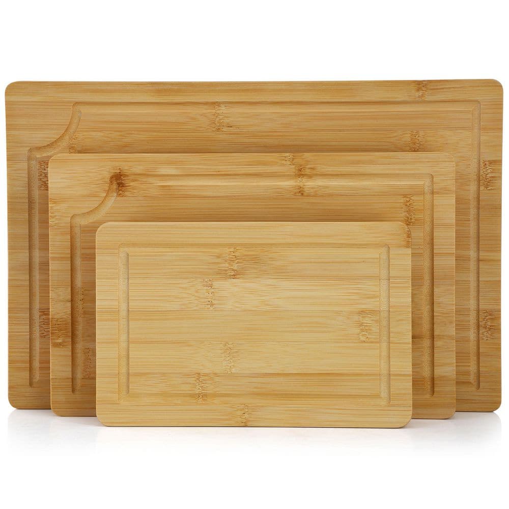 3 Piece 9 in., 12 in., and 15 in. Bamboo Wood Cutting Board Set with Juice Grooves - Hercitys