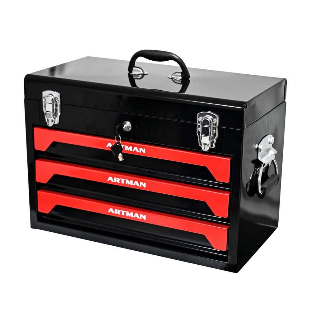 20 in Black+Red Steel 3-Drawer Tool Box with Ball-Bearing Slides, Lock & Side Handles-Portable Hand-Carry Chest - Hercitys