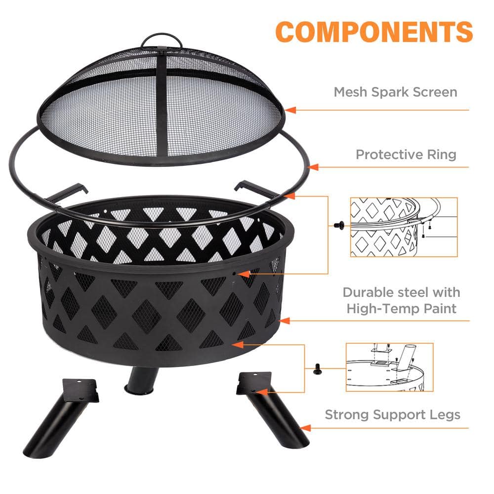 20 in. Indoor and Outdoor Steel Black Round Wood Burning Fire Pit with Spark Screen - Hercitys