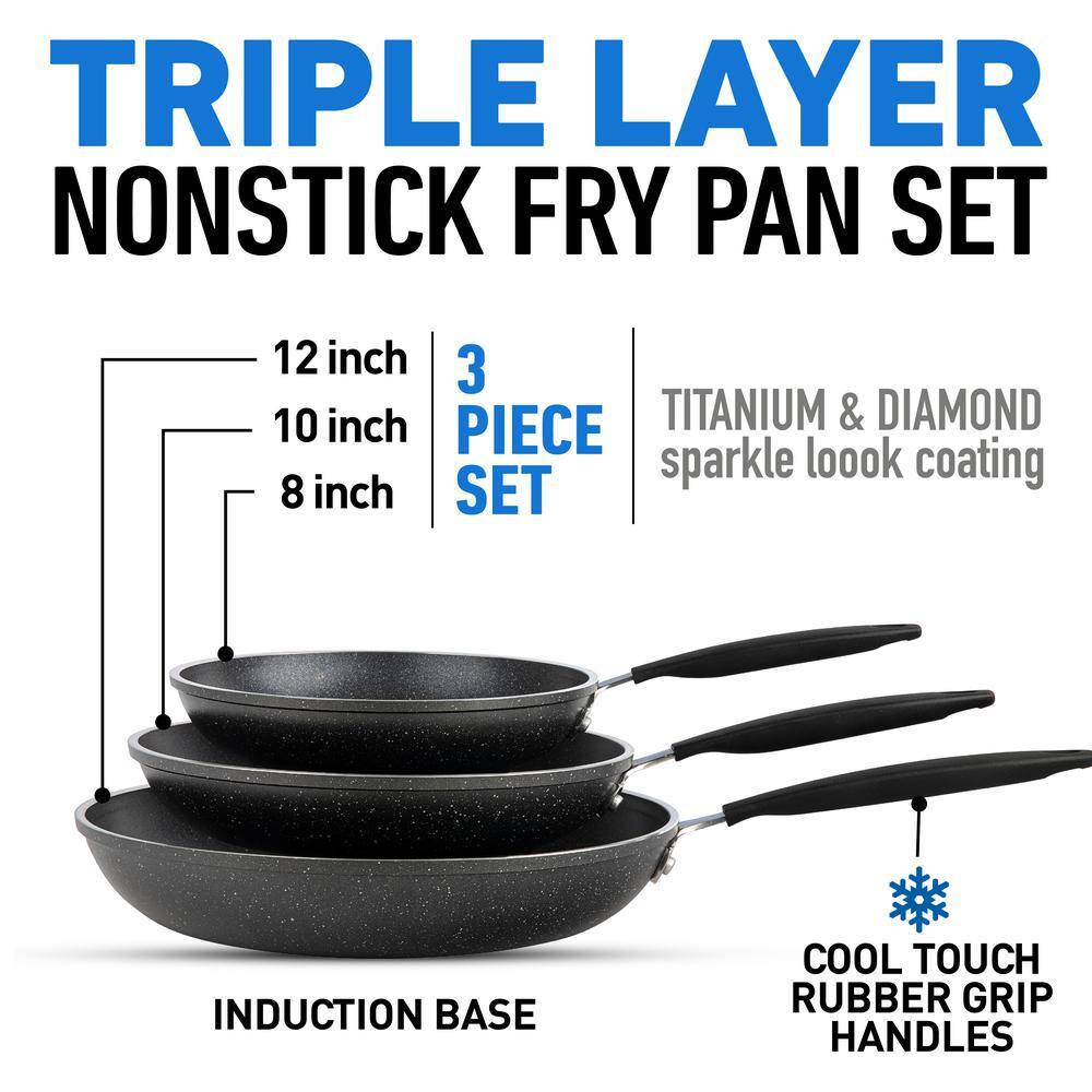 3-Piece Aluminum Nonstick Mineral and Diamond Triple Coated Frying Pan Set in Black (8 in., 10 in. and 12 in.) - Hercitys