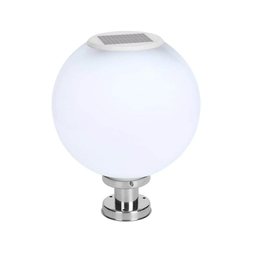 1-White Metal Sphere Solar Outdoor Weather Resistant Post Light with Integrated LED Bulb and Wireless Remote - Hercitys
