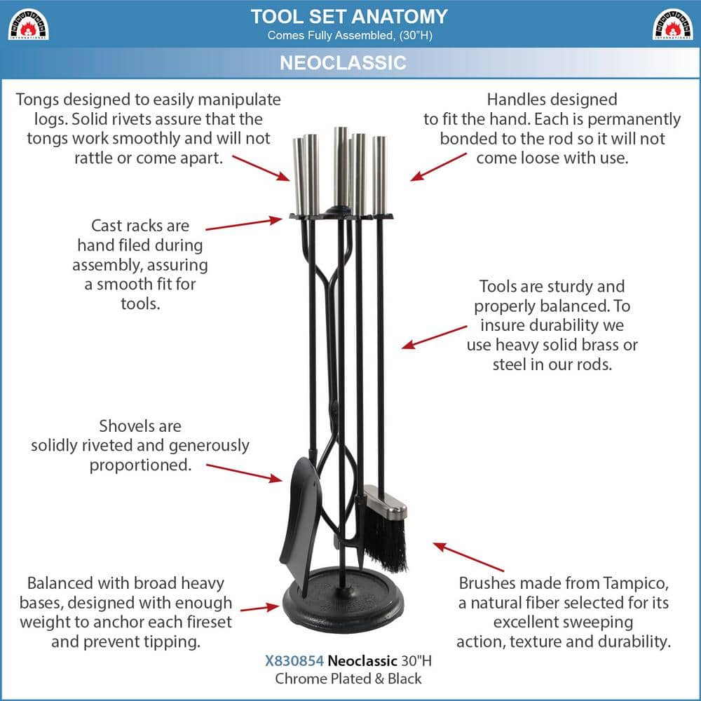 30 in. Tall 5-Piece Chrome and Black Neoclassic Fireplace Tool Set with Round Base - Hercitys