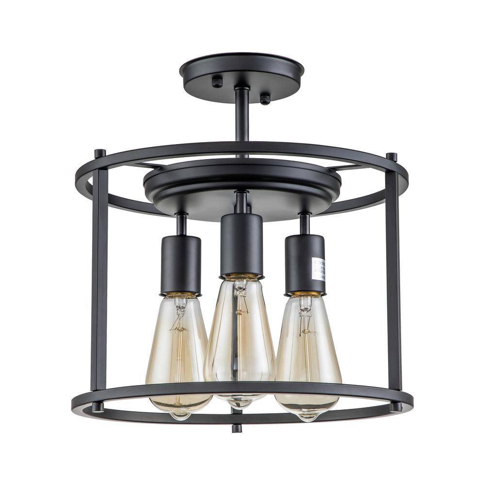 12 in. 3-Light Black Drum Cage Semi-Flush Mount Light - Hercitys