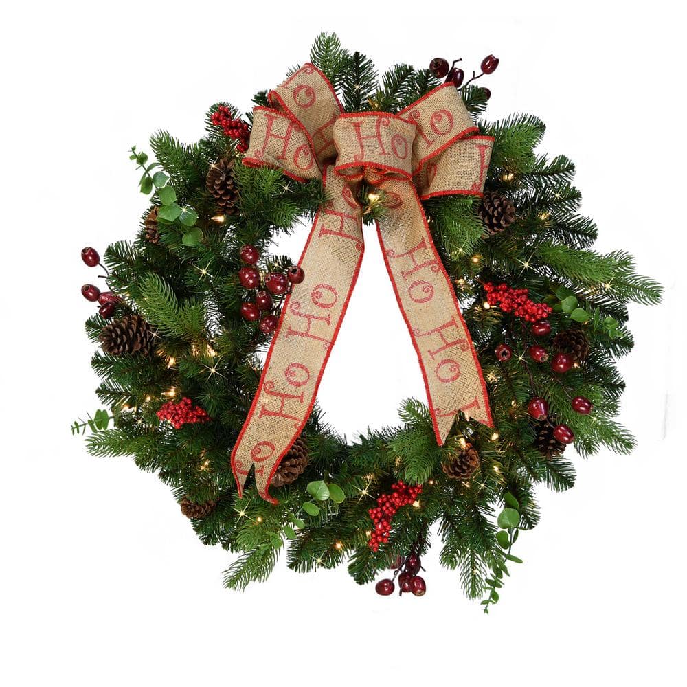 30 in. Green Prelit Artificial Christmas Wreath with Pinecones, Red Berries and Ribbon - Hercitys