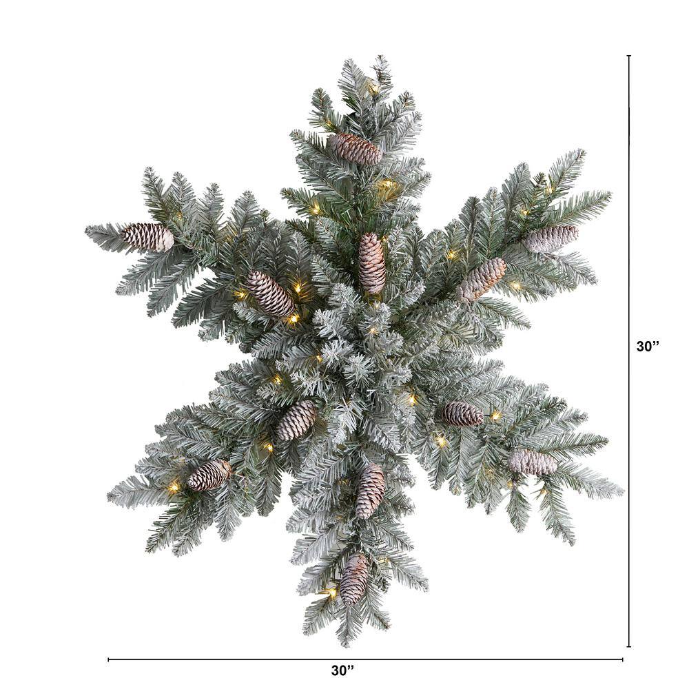 30in. Prelit LED Flocked Dunhill Fir Snowflake Artificial Christmas Wreath with Pinecones and 40 LED Lights - Hercitys