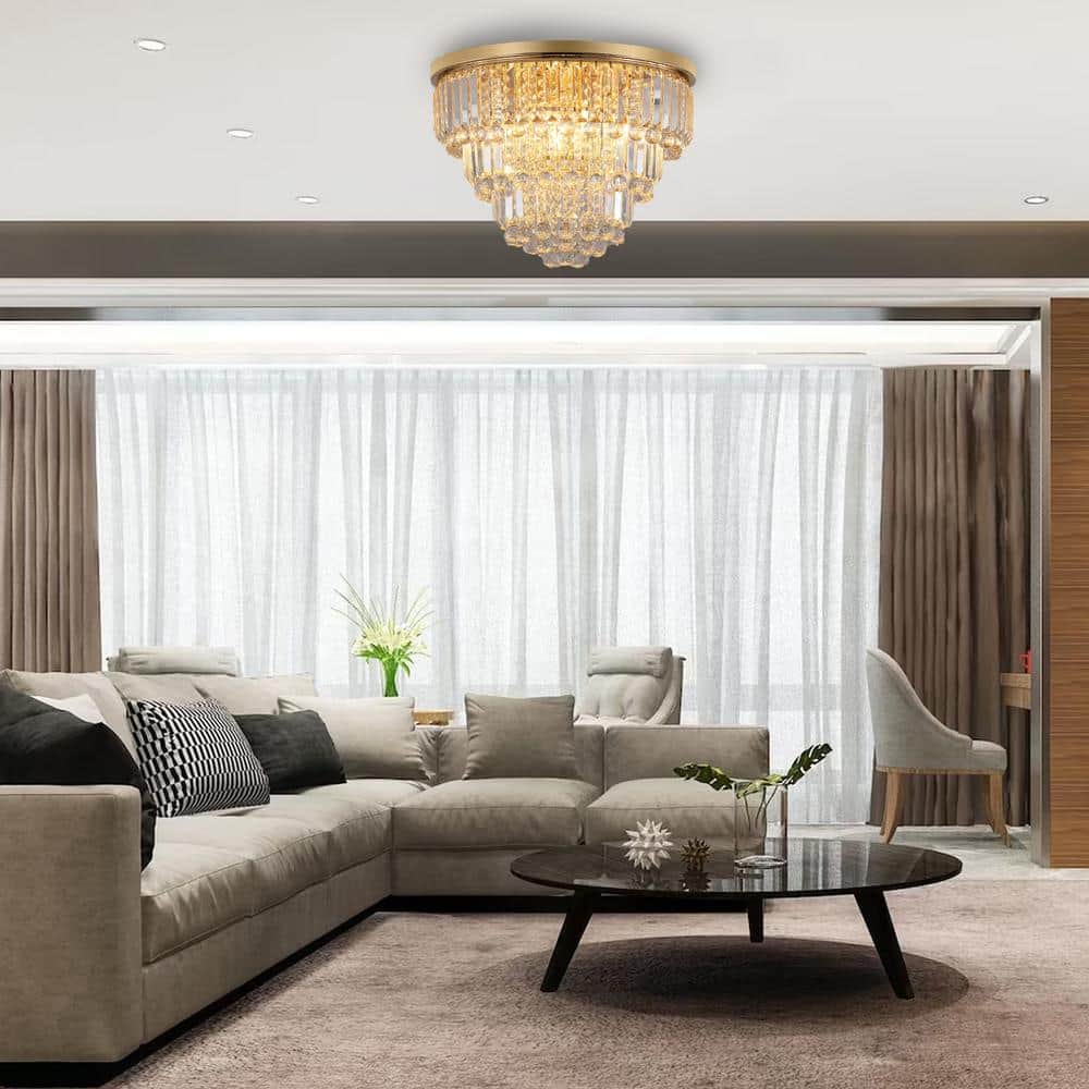 19.70 in. 6-Light Gold Flush Mount with Crystal Shade and No Bulbs Included - Hercitys