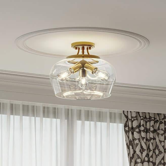 11 in. 3-Light Antique Brass Semi-Flush Mount Ceiling Light with Glass Shade - Hercitys