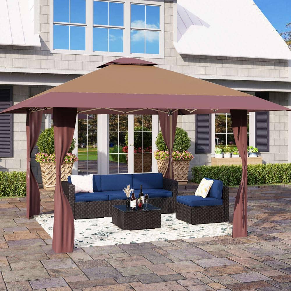 13 ft. x 13 ft. Brown UV Protect Gazebo Canopy for Patio Outdoor - Hercitys