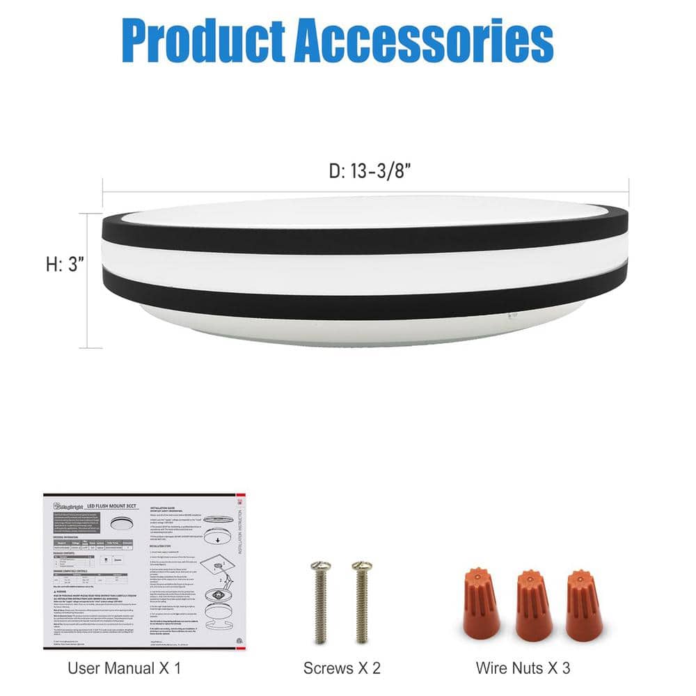 13 in. Matte Black Adjustable CCT Integrated LED Flush Mount 3000K/4000K/5000K Light Fixture - Hercitys