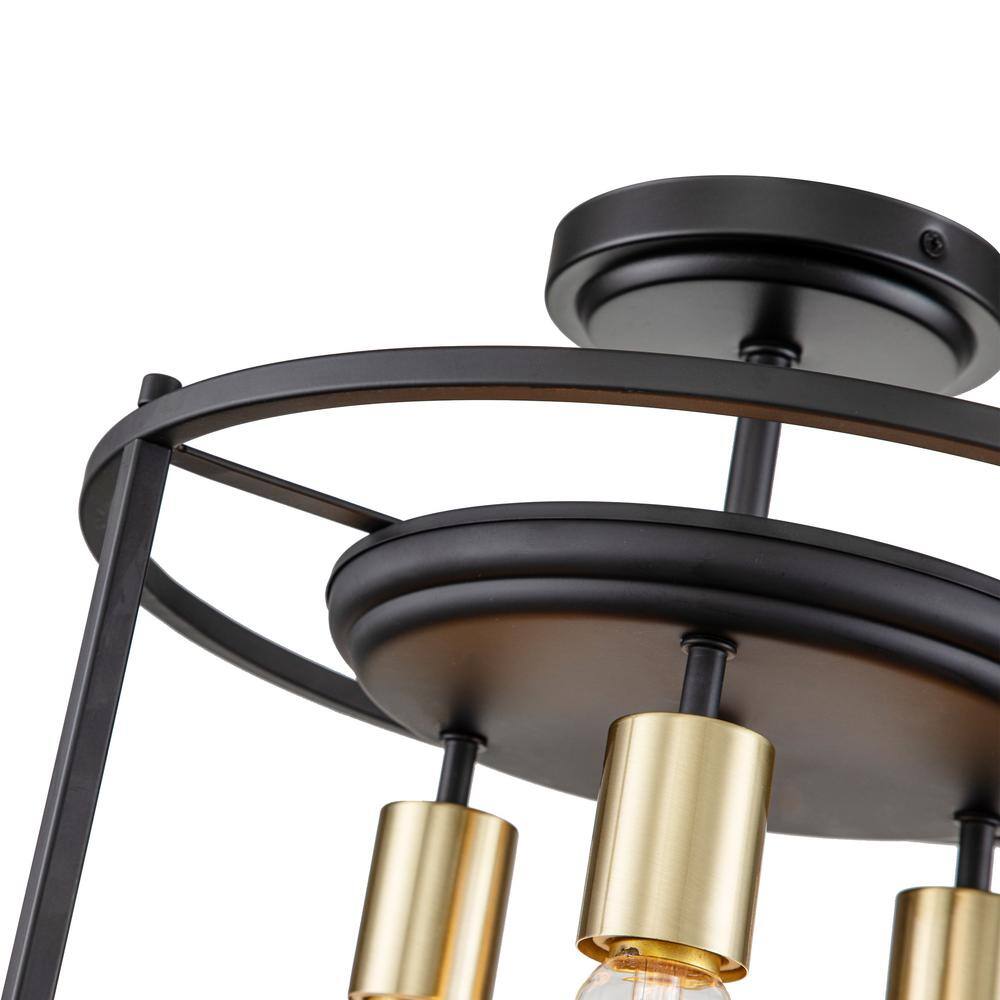 14 in. 3-Light Black and Gold Drum Cage Semi Flush Mount Light - Hercitys
