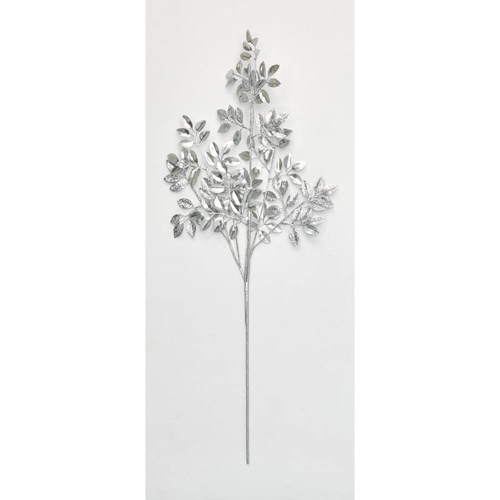 30 in. Glittered Leaves Spray, Silver (Set of 3) - Hercitys