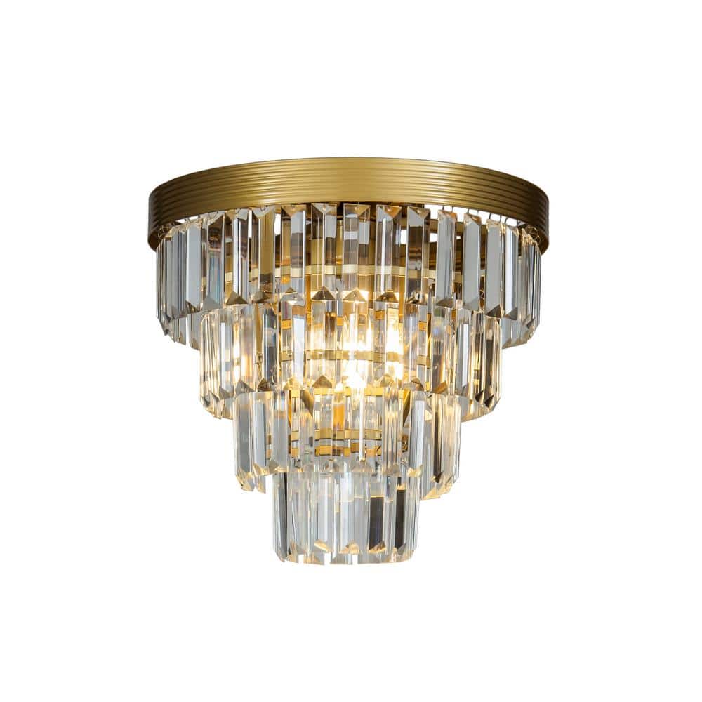 3-Light 13 in. Tiered Gold Mini Flush Mount With Clear Crystals - Hercitys