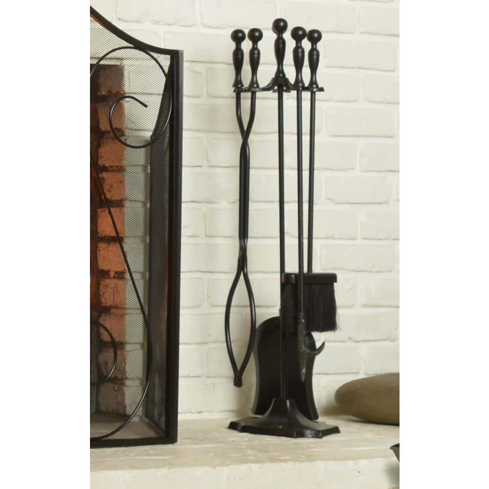 5-Piece Heavy-Duty Cast Iron Fireplace Tool Set in Black with Ergonomically Designed Handles - Hercitys