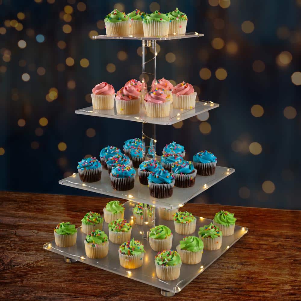 4-Tier Clear Acrylic Square Cupcake Display and Cake Stand with Yellow LED Lights - Hercitys