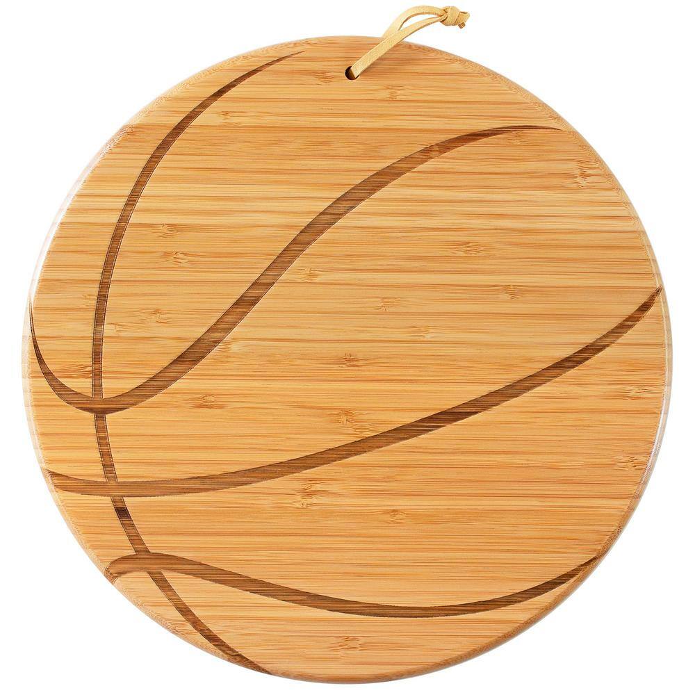 12″ Diameter Basketball Shape Bamboo Flat Grain Cutting Board with Engraved Design & Wall-Hanging Tie - Hercitys