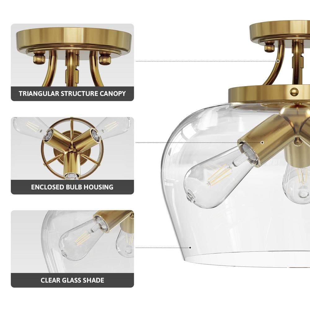 11 in. 3-Light Antique Brass Semi-Flush Mount Ceiling Light with Glass Shade - Hercitys