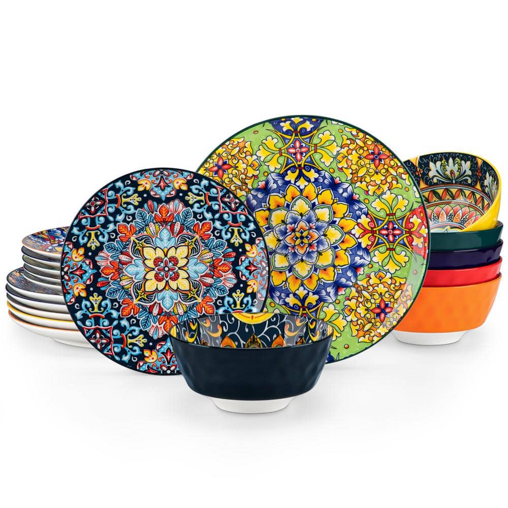 18-Piece Porcelain Dinnerware Set Bowl and Plate Set Bohemian Style Colorful Dinner Dessert Plate Bowl, Service for 6 - Hercitys