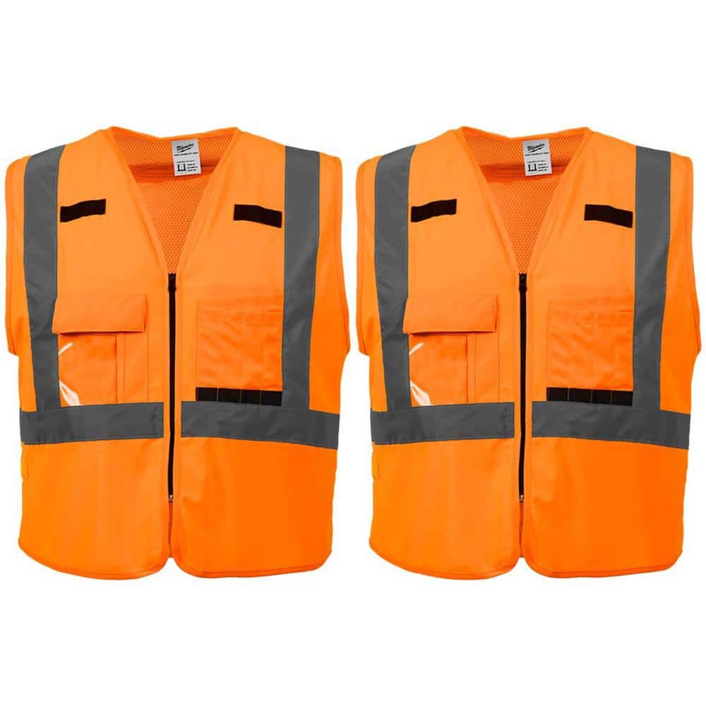2X-Large/3X-Large Orange Class 2-High Visibility Safety Vest with 10 Pockets (2-Pack) - Hercitys