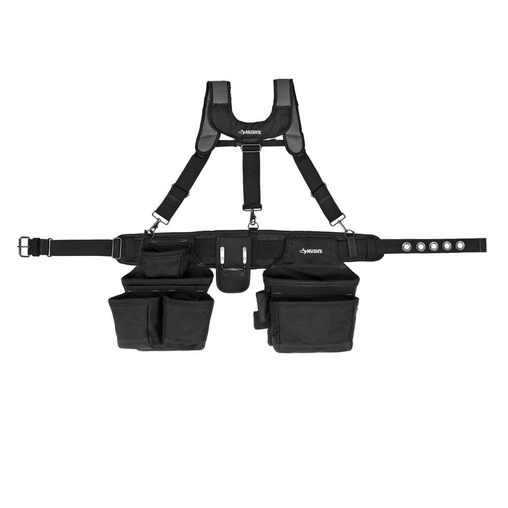 16-Pocket Black Carpenter’s Tool Belt with Suspenders - Hercitys