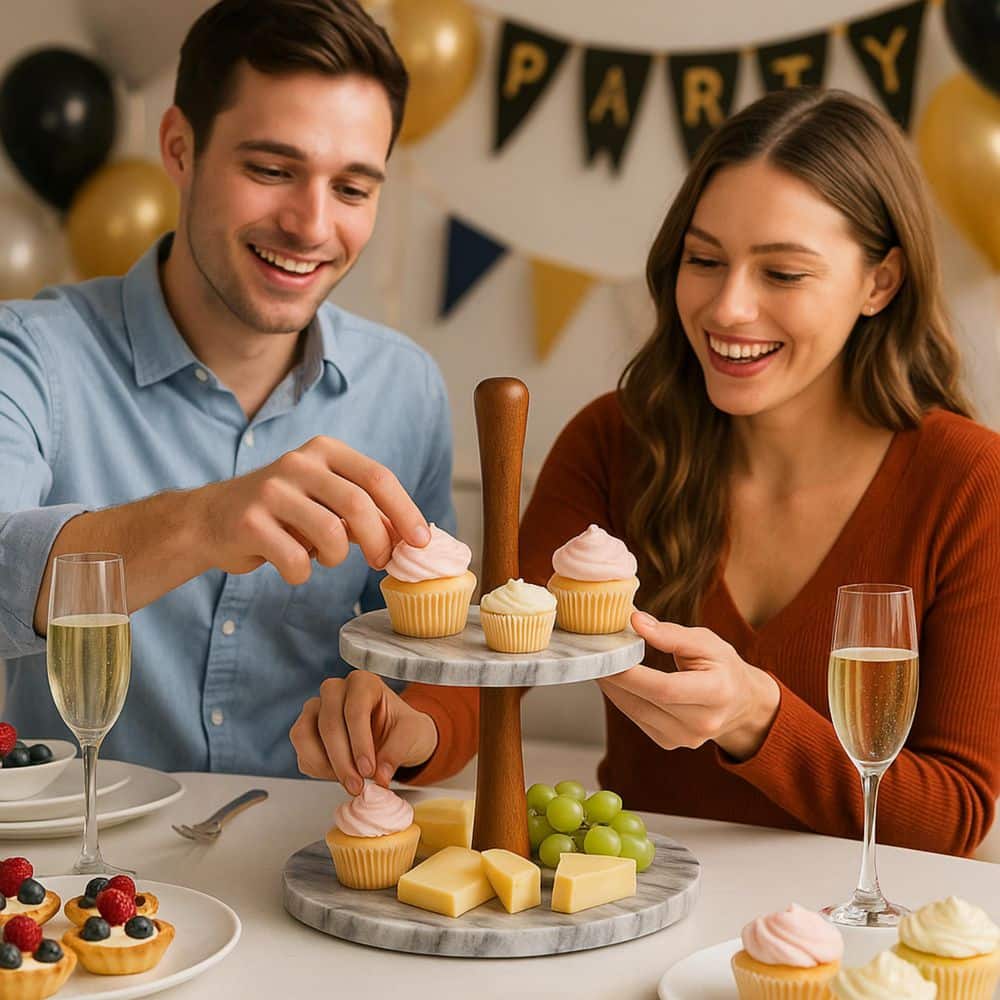 2-Tier Natural Marble and Acacia Wood Cake Dessert Stand, Fruit Plate, Pastry Server, Off-White - Hercitys