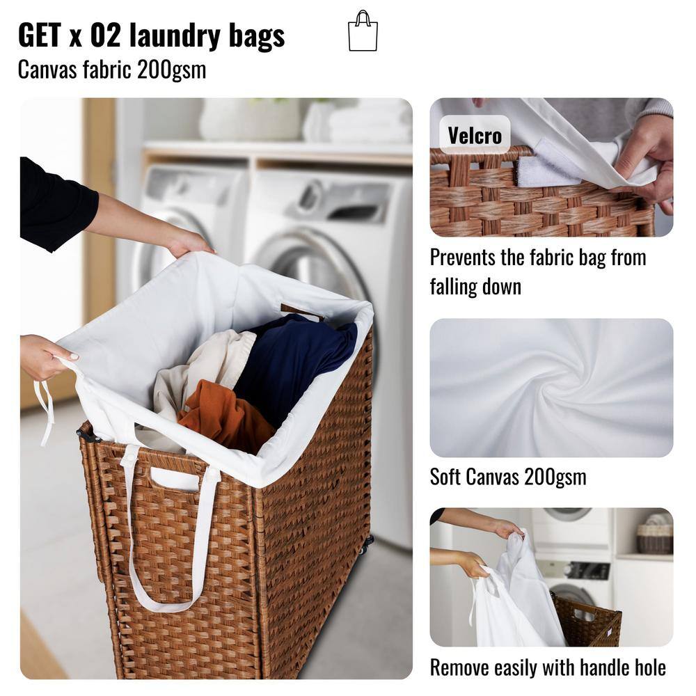 42.26 Gal. Brown Rattan Deck Box Laundry Hamper with Lid and 2 Removable Bags - Hercitys