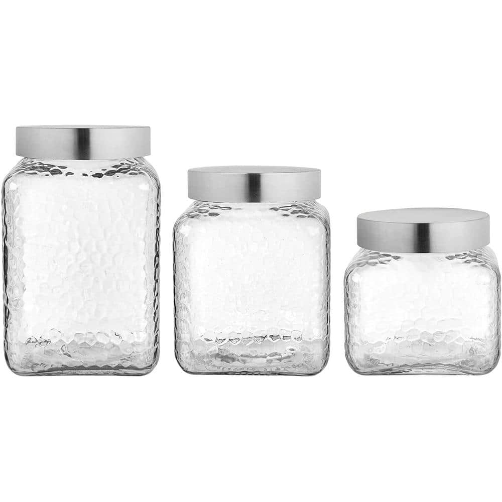 3-Piece Square Glass Jars Canisters Set with Silver Lids, Clear - Hercitys