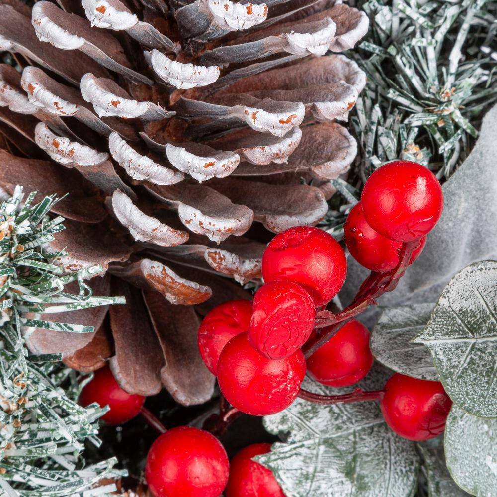 24 in. Snowy Pine Artificial Christmas Wreath with Red Berries Cone and Red Bow - Hercitys