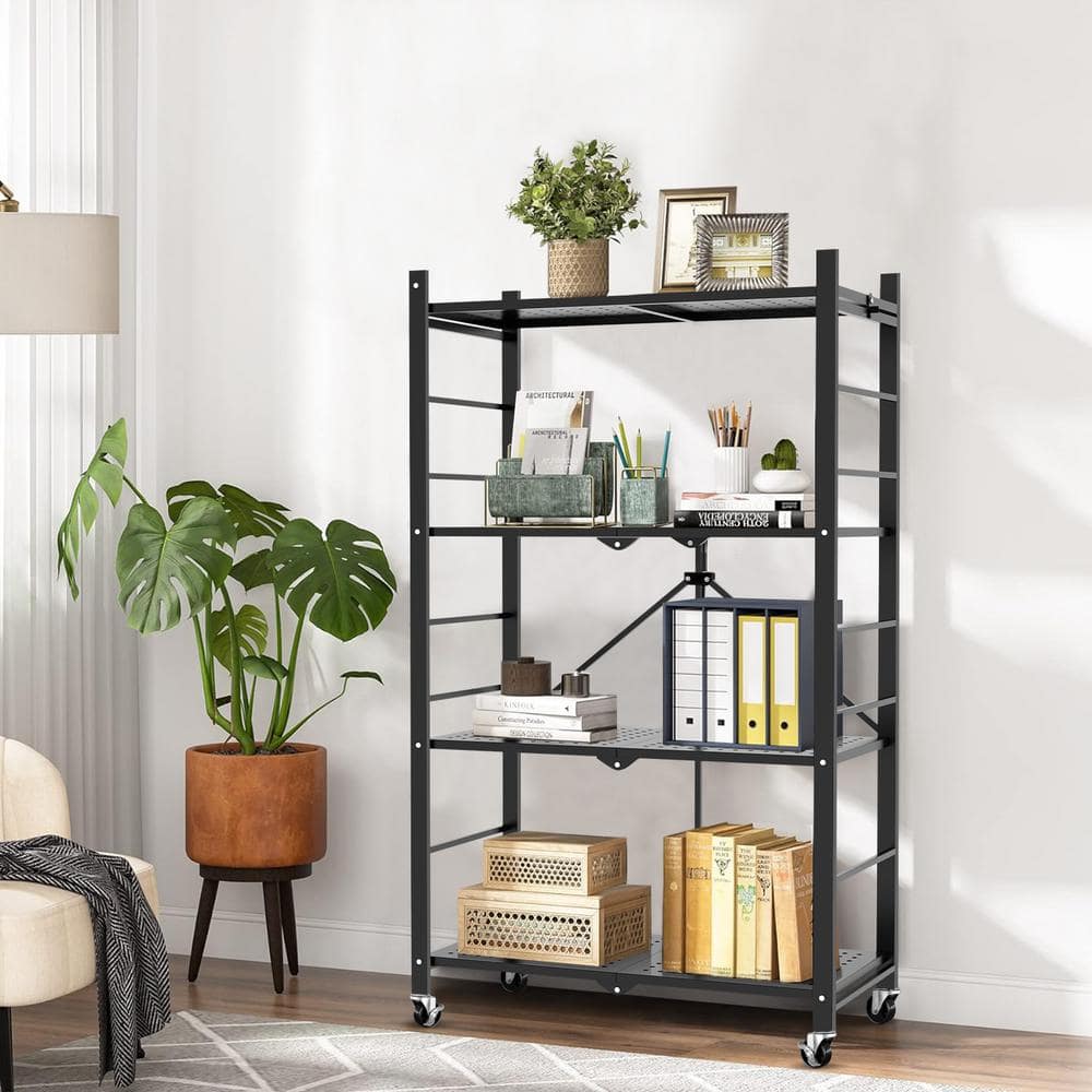 4-Tier Collapsible Storage Shelves Folding Pantry Shelves Wire Shelving in Black with 20-Hooks for Garage Kitchen Room - Hercitys