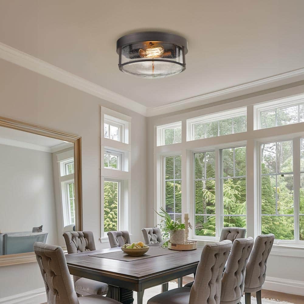 12 in. 2-Light Oil Rubbed Bronze Finish With Seeded Glass Shade Ceiling Flush Mount Light Fixture - Hercitys